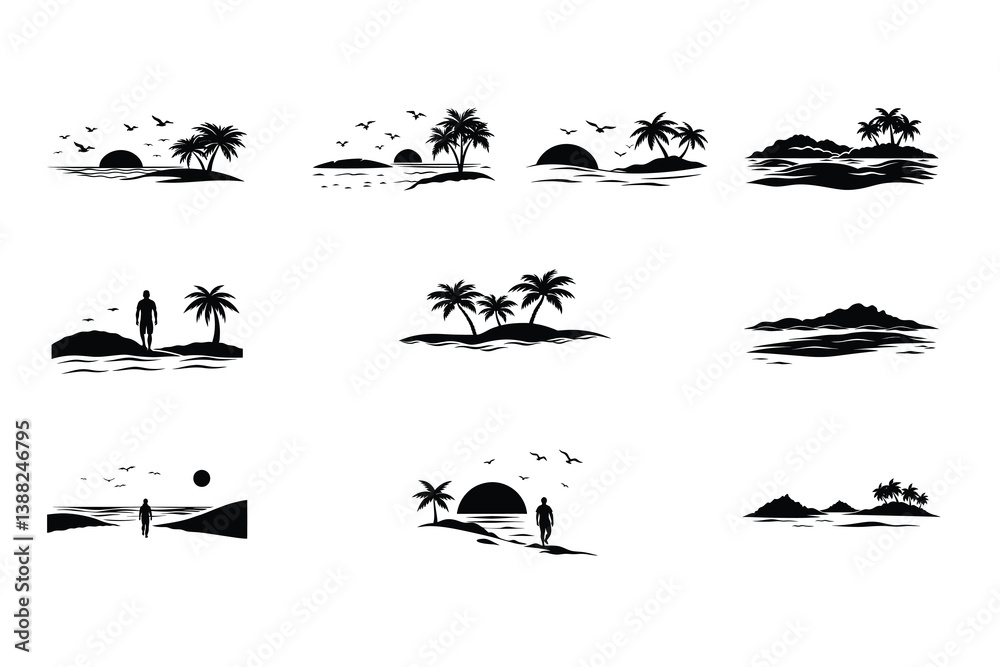 Fototapeta premium Serene tropical island scenes at sunset. Silhouettes of palm trees, birds, and a lone figure walking on the beach create a tranquil mood. Simple black and white design.