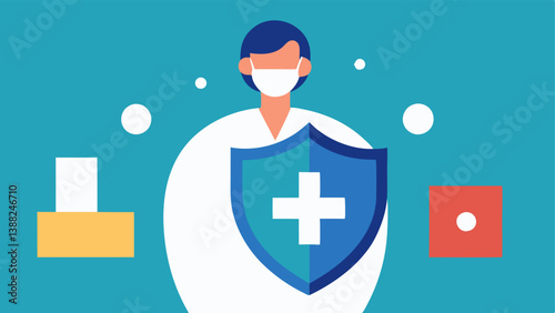 Privacy Shield A patient shielded by a large blockchain symbol representing how blockchain technology safeguards personal health information from unauthorized access.