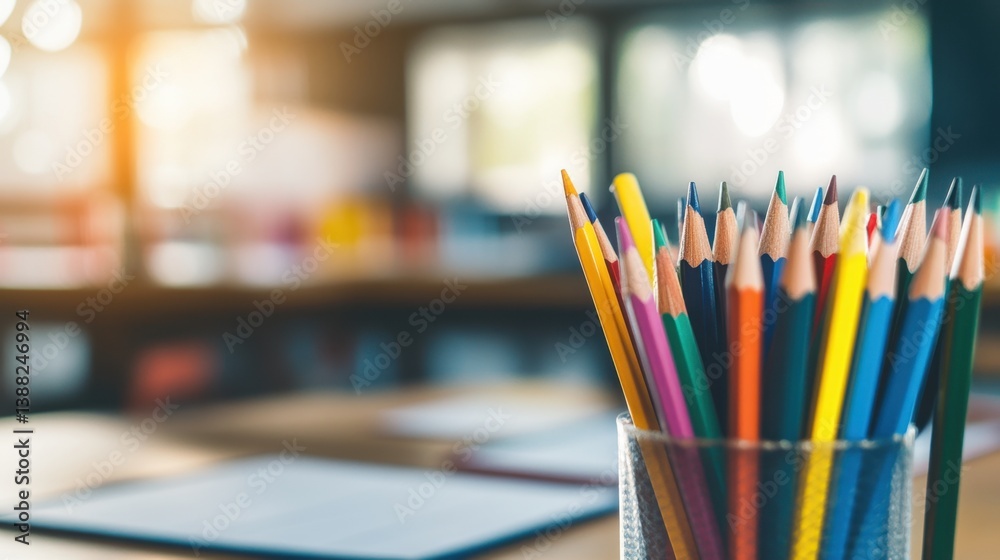 Close-up of sharpened colored pencils arranged neatly on a lined notebook with classroom background