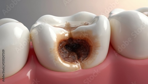 Detailed close-up of dental cavity caused by caries. Image shows tooth decay with dark hole in tooth. Concept for dental health, hygiene, medical, caries, toothache, dentist, caries treatment.