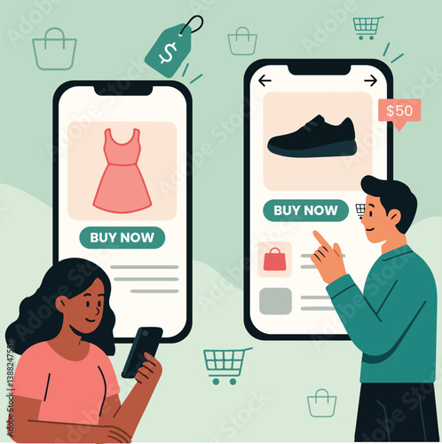 Shopping directly through social platforms online shopping flat vector