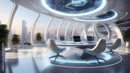 Executive AI Office with Panoramic Digital Skyline View