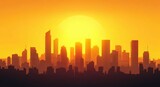 Cartoon Sunrise Over Urban Skyline: Vibrant Yellow Silhouette of Futuristic Skyscrapers and Towers in a Bustling Downtown View