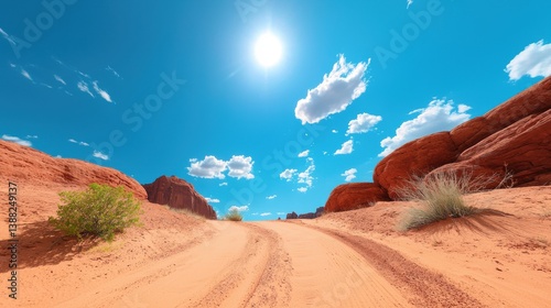 Trail Dusty desert trail winding through red rock formations under a bright blue sky. photo