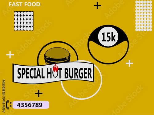 Fast Food Promo Poster – Special Hot Burger Offer with Price and Contact/ Promotional fast food poster with a mustard yellow background, showcasing a 