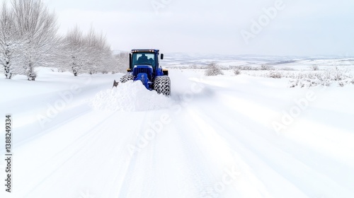 Blue tractor clearing snow-covered road in winter landscape