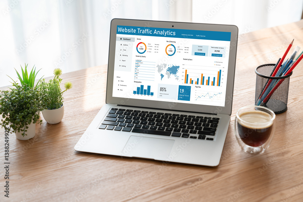 Computer software for website traffic analytics data on computer screen. Concept of SEO search engine optimization and customer targeting for online business snugly Computer software for website traffic analytics data on computer screen. Concept of SEO search engine optimization and customer targeting for online business snugly