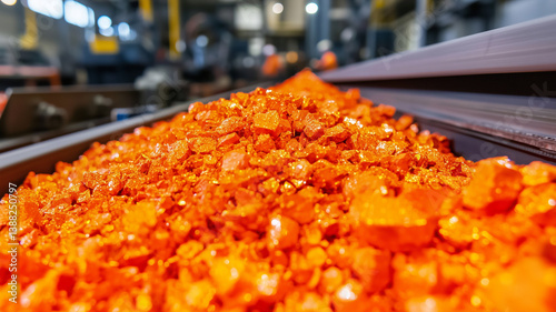 Orange Ore on Conveyor Belt in Metal Processing Plant