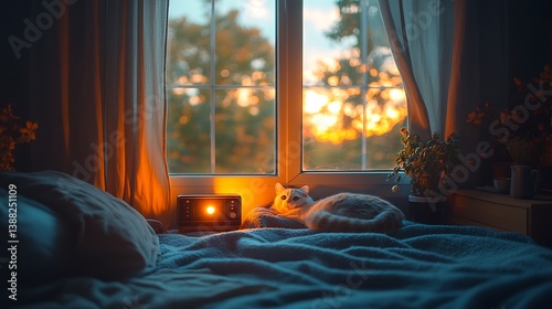 A calm lofi bedroom with an open window, the curtains swaying gently in the breeze, a small radio glowing softly, a cat curled up on a warm blanket,