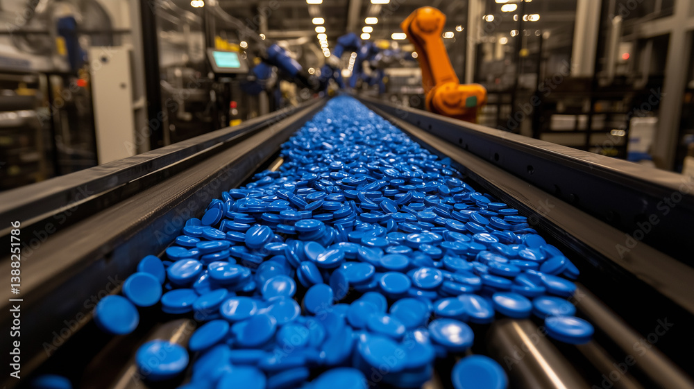 Fototapeta premium Blue Plastic Bottle Caps on Conveyor Belt in Factory