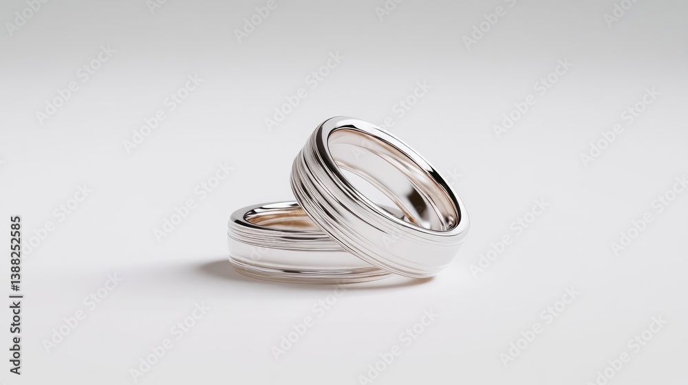 Two simple silver bands rest on a white surface. One ring is slightly atop the other. The image is clean and minimalist. The lighting is soft and even, highlighting the rings smooth surfaces. The sty Two simple silver bands rest on a white surface. One ring is slightly atop the other. The image is clean and minimalist. The lighting is soft and even, highlighting the rings smooth surfaces. The sty