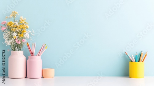 Colorful office supplies in pastel jars with fresh flowers on a minimalist white desk against a soft blue wall, and bright and organized workspace concept.