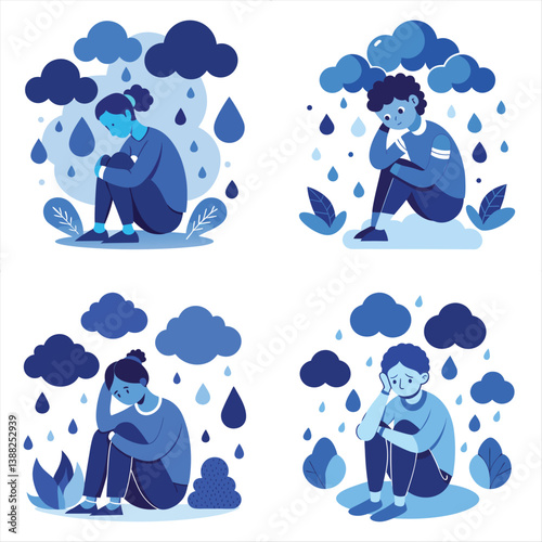 Illustration depicting four individuals experiencing sadness and depression, symbolized by rain clouds and blue tones. A poignant visual representation of mental health struggles.