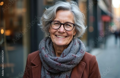 Happy mature woman smiles. Wearing eyeglasses, scarf, jacket outdoors, in urban environment. Attractive mid-age female lady with grey hair, casual outfit. Cheerful person in 50s. Beauty, wisdom,