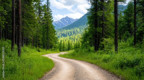 Curve Winding trail in the mountains, with towering trees and scenic vistas in every direction.