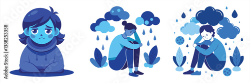 Depressed children and adults illustrated in shades of blue. Rain, clouds and plants symbolize sadness and isolation. A vector illustration representing loneliness and mental health.