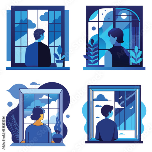 Four minimalist illustrations depict people looking out windows, showcasing serene day and night scenes. Blue tones and simple shapes create a peaceful mood. A contemplative visual story.
