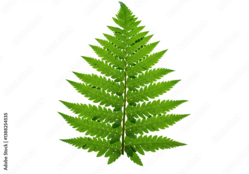 Photorealistic fern leaf with vibrant green symmetrical fronds isolated on white background Photorealistic fern leaf with vibrant green symmetrical fronds isolated on white background