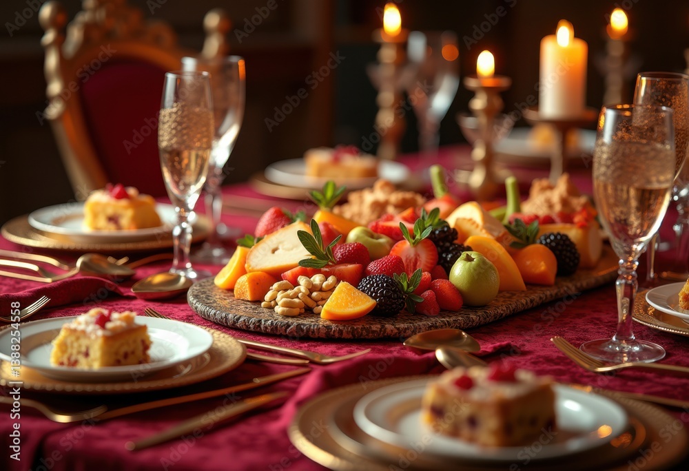 Fototapeta premium exquisite food platter presentation lavish table decor culinary delight feast arrangement, appetizer, dessert, dish, utensils, tablecloth, glassware