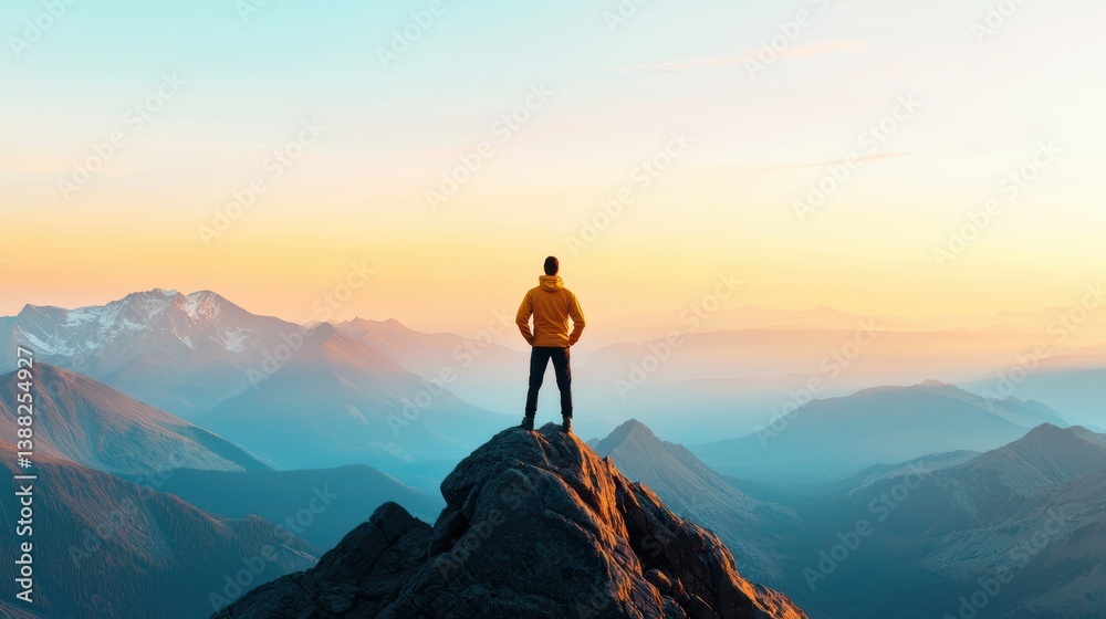 Awe A hiker standing on a mountaintop, gazing at the endless valley below. Awe A hiker standing on a mountaintop, gazing at the endless valley below.