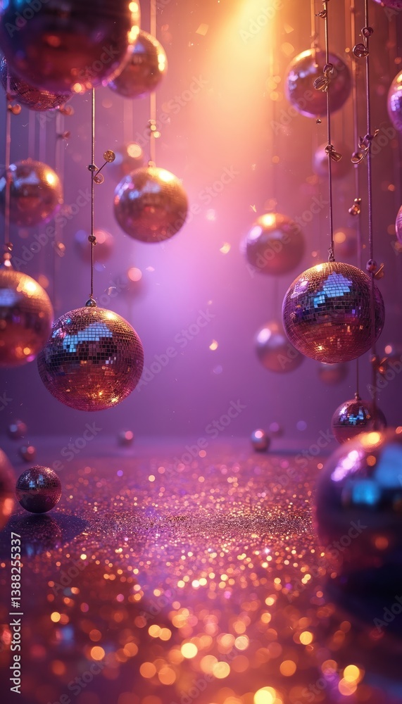 Obraz premium Disco balls background, purple and gold lighting. Glittering disco balls hanging. Party atmosphere. Glam, nightlife, celebration, club event. Retro style backdrop, 70s 80s 90s vibe for parties.