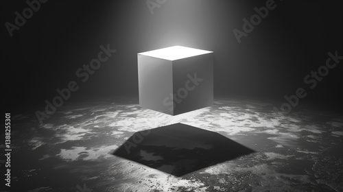 A minimalist abstract scene featuring a glowing white cube suspended above a dark velvet surface. Long soft shadows create a dramatic visual metaphor of pressure and purity. Ideal for conceptual art, 