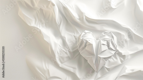 A delicate abstract origami heart crafted from white silk-like paper, softly crumpled and floating in a pale warm background. A minimalist visual representation of fragile emotion, sensitivity, and in