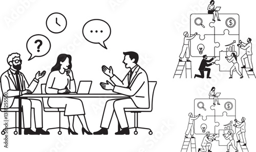 teamwork illustration, business meeting, office discussion, corporate teamwork, puzzle teamwork, collaboration concept, project discussion, team planning, brainstorming session, business strategy, bla