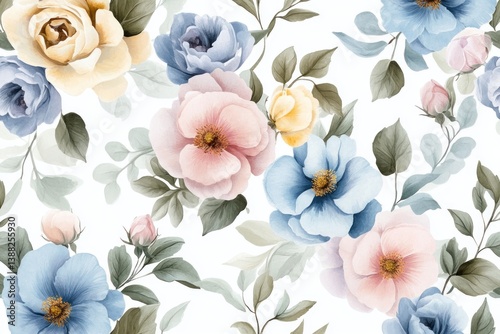 Wallpaper Mural Watercolor floral pattern showcasing delicate blooms and leafy foliage elements Torontodigital.ca