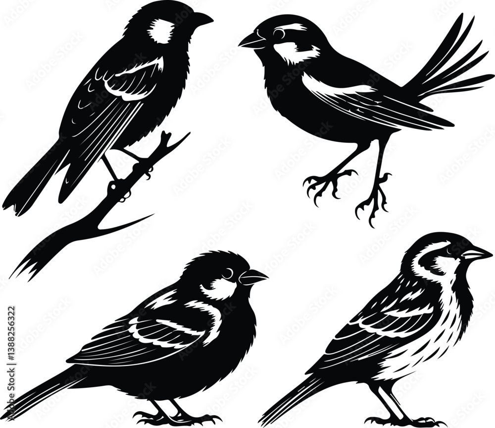Fototapeta premium Flying Sparrow Vector | Bird Outline and Wildlife Design Sparrow Silhouette Set | Small Bird and Nature Vector
