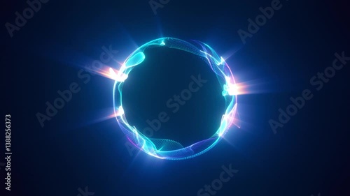 A glowing digital sphere with vibrant energy waves and particle textures. Bright neon colors in blue, pink, and purple on a dark background. Futuristic and abstract look with dynamic light rays.