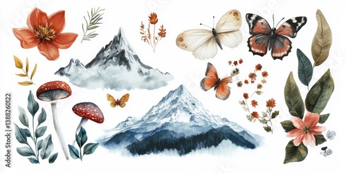 Fototapeta Naklejka Na Ścianę i Meble -  This vibrant collage showcases flowers, mountains, butterflies, and mushrooms in watercolor, perfect for creative projects and adding natures beauty to any design lovers collection