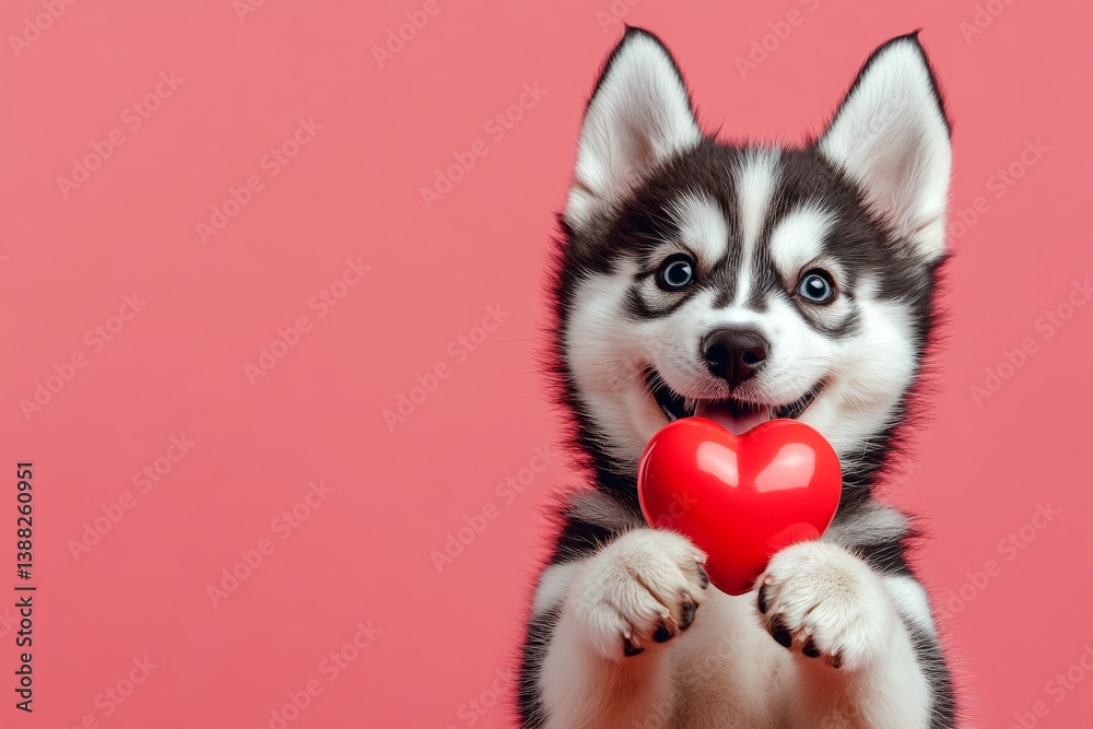 Cute siberian husky doggy with furry friend toy red heart - sign of love, funny greeting card. Siberian husky - my beloved dog. Promotion concept creative graphic design. Red hearts and pets. Cute siberian husky doggy with furry friend toy red heart - sign of love, funny greeting card. Siberian husky - my beloved dog. Promotion concept creative graphic design. Red hearts and pets.