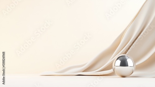 A shiny silver sphere rests on a creamy fabric. The fabric drapes elegantly, creating soft folds. The image is high-quality, with even lighting. Its minimalist and sleek, featuring a neutral color p