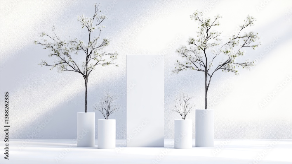 Obraz premium Two flowering trees in white cylindrical pots stand on a minimalist white surface, flanking a taller white rectangular block. Smaller, bare branches are in smaller pots. The image is digitally render