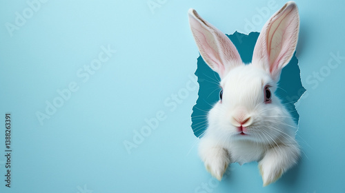 White bunny breaking through blue paper background