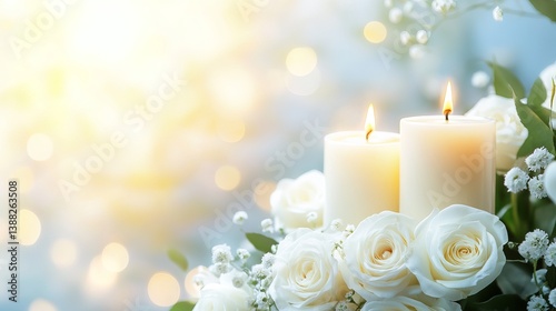 Fototapeta Naklejka Na Ścianę i Meble -  White candles and roses for wedding decor background with soft light and romantic atmosphere design idea