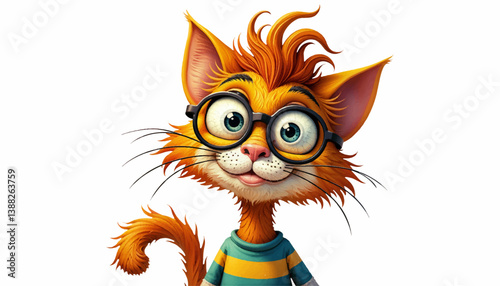 Cheerful Orange Cat with Glasses in Playful Cartoon Close-Up no background