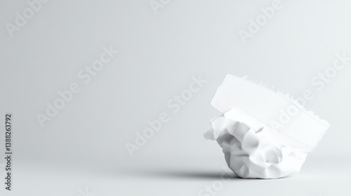 A crumpled piece of white paper rests on a plain white surface. A smaller, flat piece of paper stands upright atop it. The image is minimalist, featuring a high-quality rendering with even lighting.