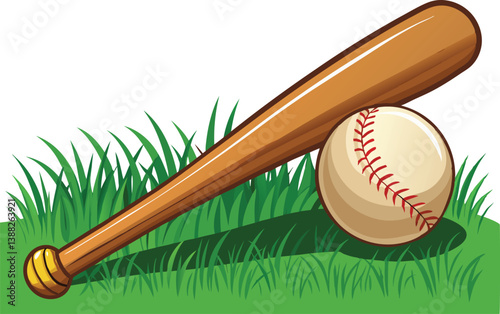 wooden baseball bat and ball, green grass isolated 