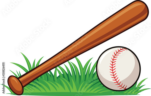wooden baseball bat and ball, green grass isolated 