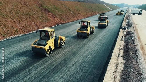Multiple Road Rollers Compacting Fresh Asphalt | Synchronized Highway Construction Equipment

