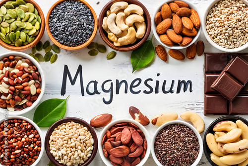 Assortment of magnesium rich foods showing healthy eating promoting wellness