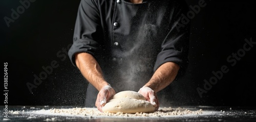 Chef hands knead fresh dough, flour explosion midair. Homemade pizza preparation at bakery. Man prepares ingredients for baking pastry, cooking. Food, culinary concept.