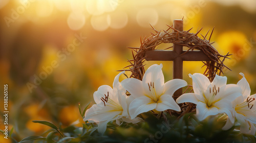 Easter cross with crown of thorns  and lilies at golden sunset