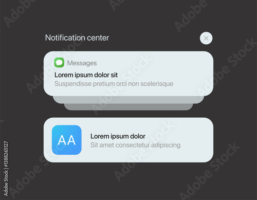 Smartphone notification center template, displaying alerts and new message on screen