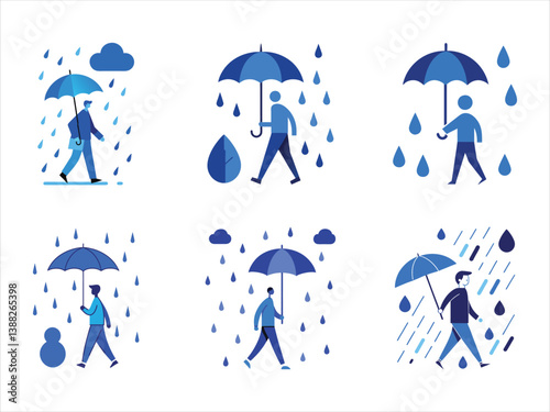 A series of minimalist illustrations depict people walking under umbrellas in the rain. The design features a calming blue color palette and a flat style, conveying a sense of peaceful resilience.
