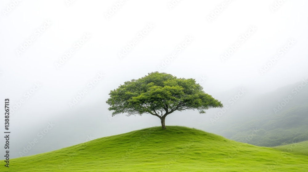 Fototapeta premium Solitary tree on a grassy hill, misty landscape