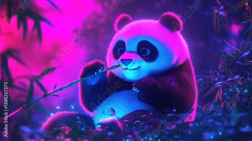Panda Eating Bamboo Shoot in Colorful Magical Forest Setting