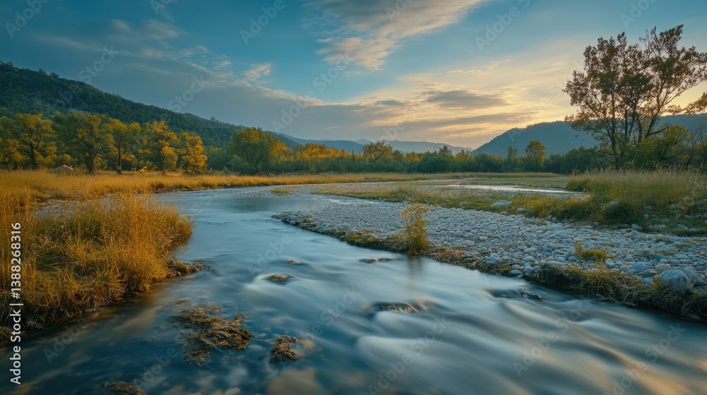 Serene River at Sunset: A meandering river flows peacefully through a lush valley, its waters shimmering under the golden rays of the setting sun. The scene is tranquil and serene. Serene River at Sunset: A meandering river flows peacefully through a lush valley, its waters shimmering under the golden rays of the setting sun. The scene is tranquil and serene.